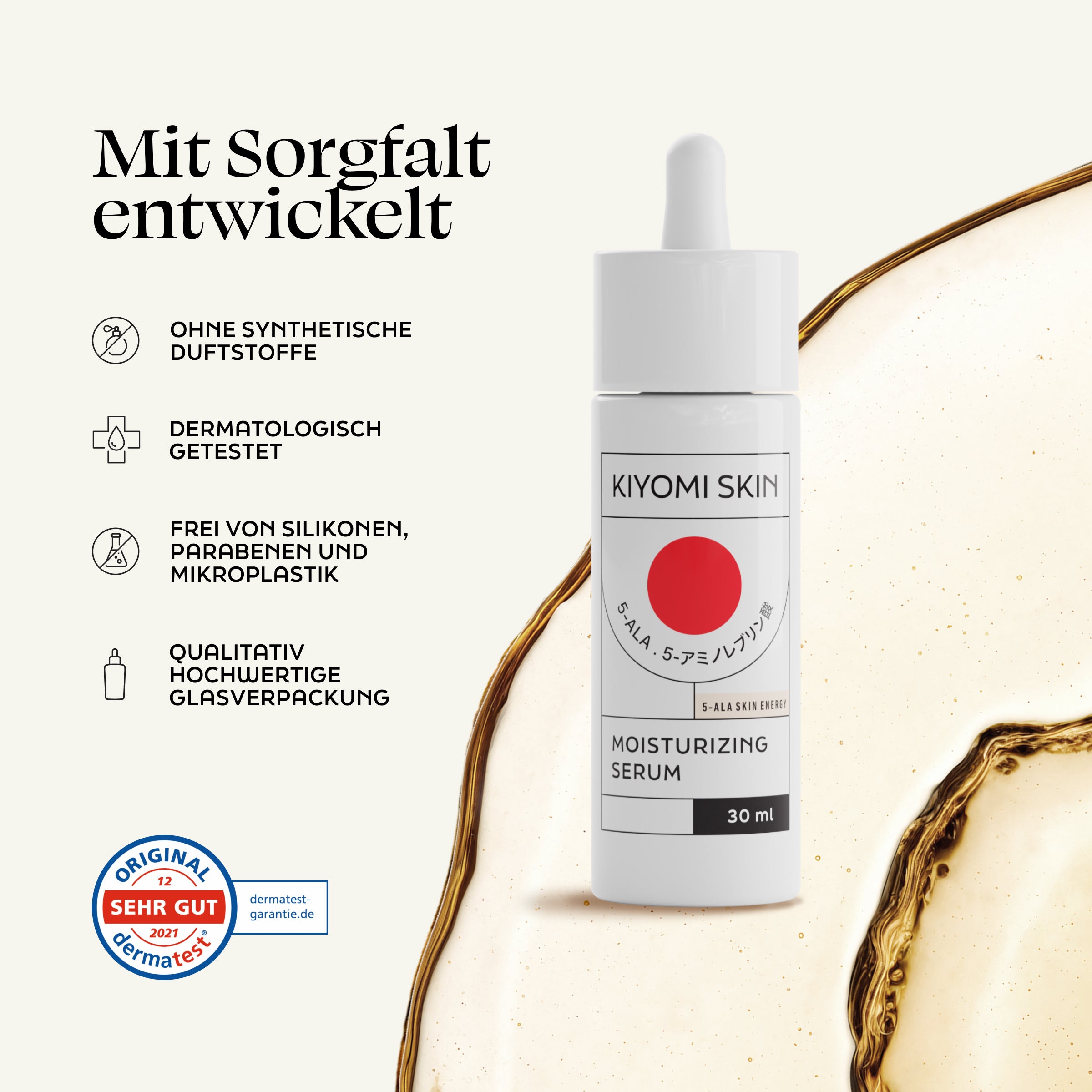 A dropper bottle of Early Morning Essentials Feuchtigkeitsserum mit Hyaluronsäure, inklusive Zutaten- und Verpackungshighlights auf Deutsch.