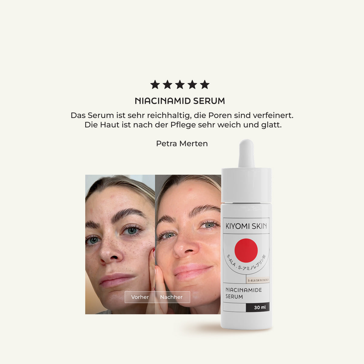 Easy Glow Duo bottle with before and after photos of a woman's face revealing a natürlicher Glow, plus a German product review.