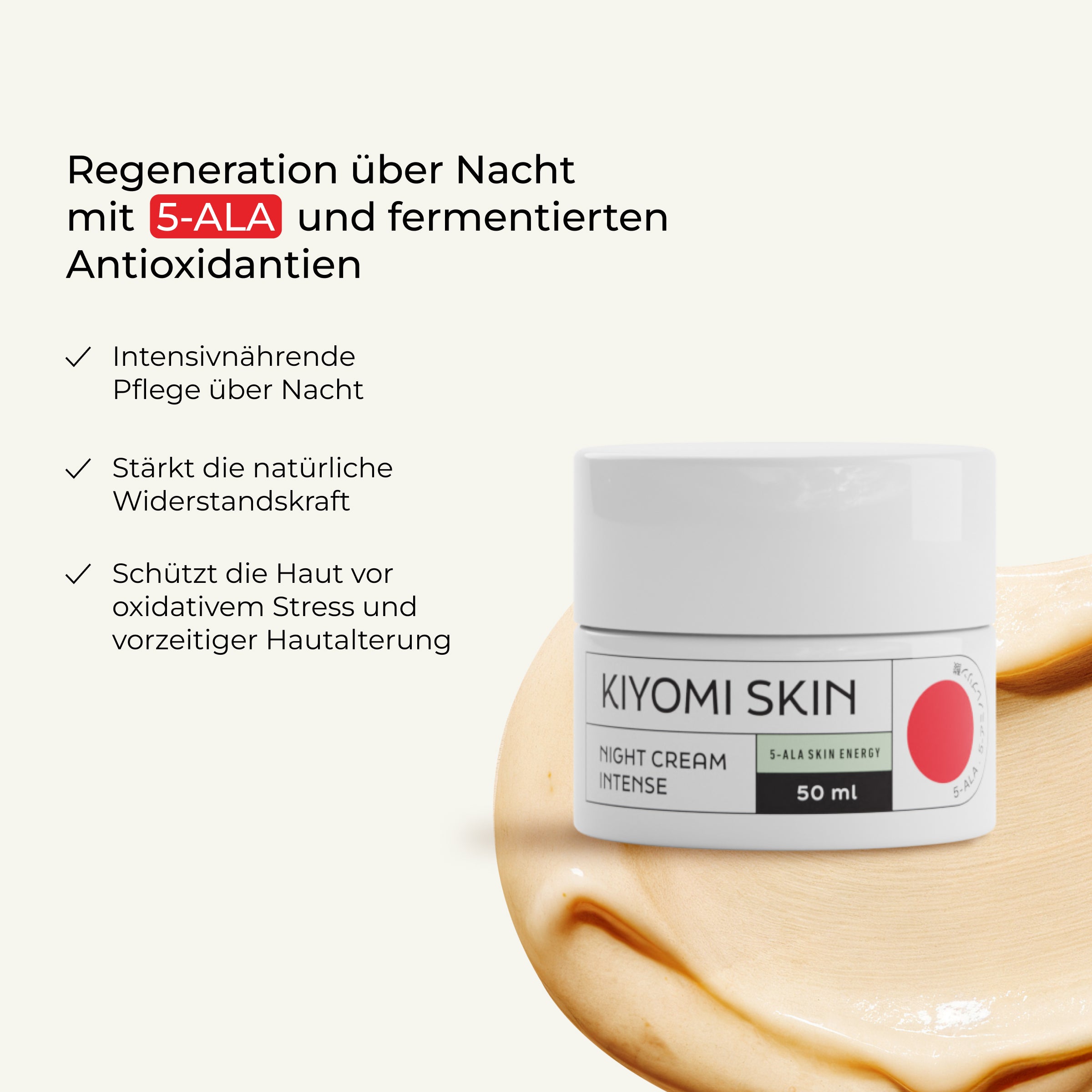 Night Cream Intense – regenerierende Nachtcreme mit Resveratrol und 5-ALA im Creme-Swirl, vereint deutsche Produktvorteile und hochwertige Pflegeeigenschaften.