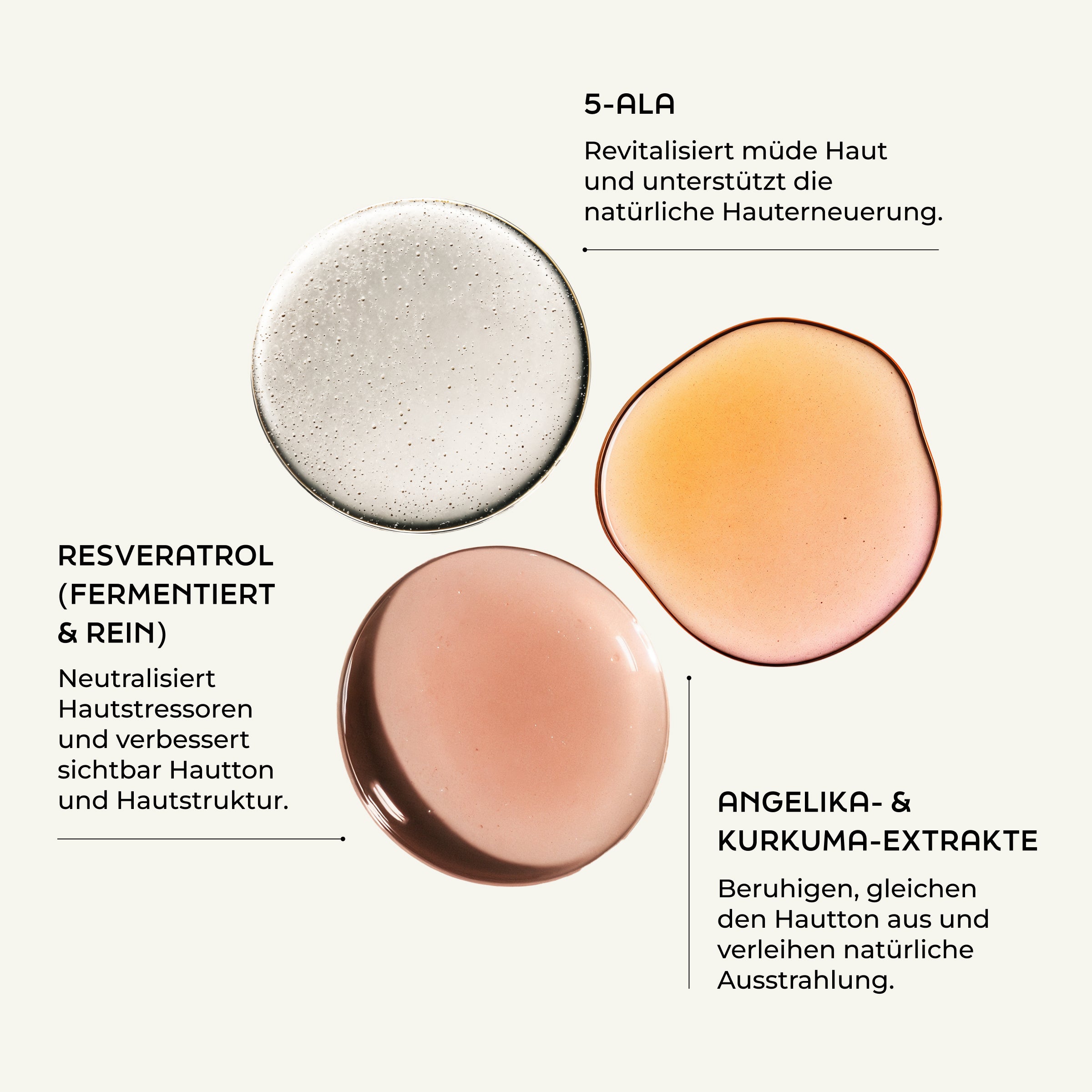 Three gel-like drops of Night Cream Intense, featuring German text about the regenerierende Nachtpflege benefits of 5-ALA and Resveratrol for your skin.