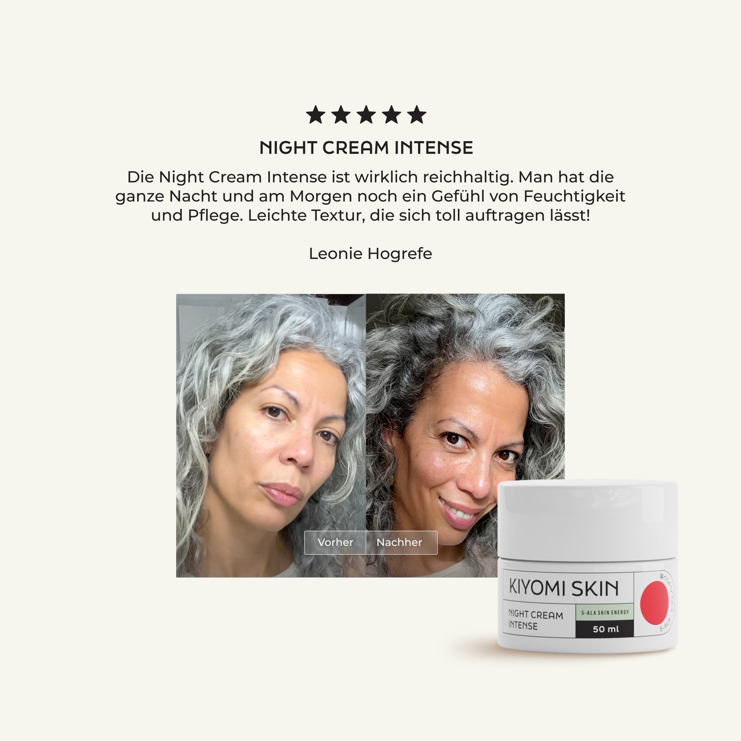 Before and after photos of a woman, a Night Cream Intense jar with 5-ALA, and a positive review in German are shown.