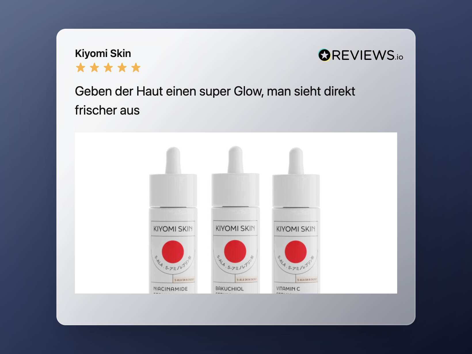 Three Serum Trilogy Radiance & Renewal bottles, including the Bakuchiol and Vitamin C Serum Set, are displayed upright with a German customer review shown above.