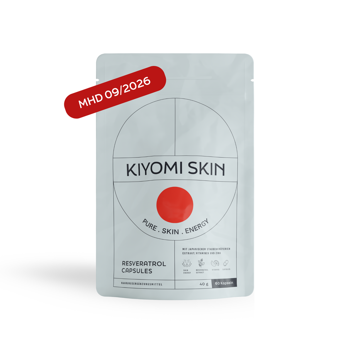SBI ALApromo Skin Energy Resveratrol-Kapseln (MHD 09/2026) im Beutel mit einem roten Aufkleber mit der Aufschrift „MHD 09/2026“ auf Deutsch, die antioxidativen Zellschutz für gesunde Haut bieten.