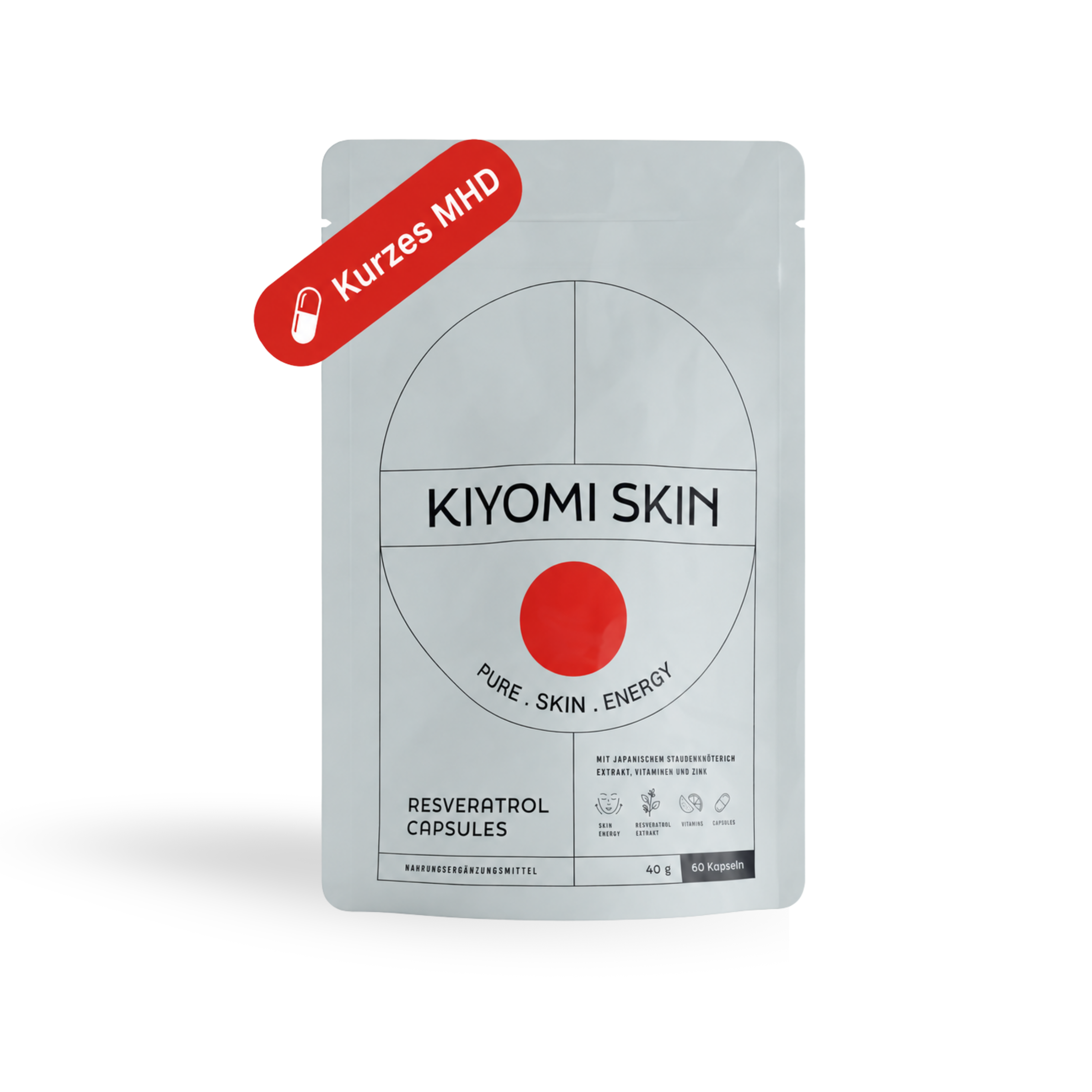 Silver pouch of Skin Energy Resveratrol Capsules with a red label stating Kurzes MHD, ideal für antioxidativen Zellschutz und gesunde Haut.