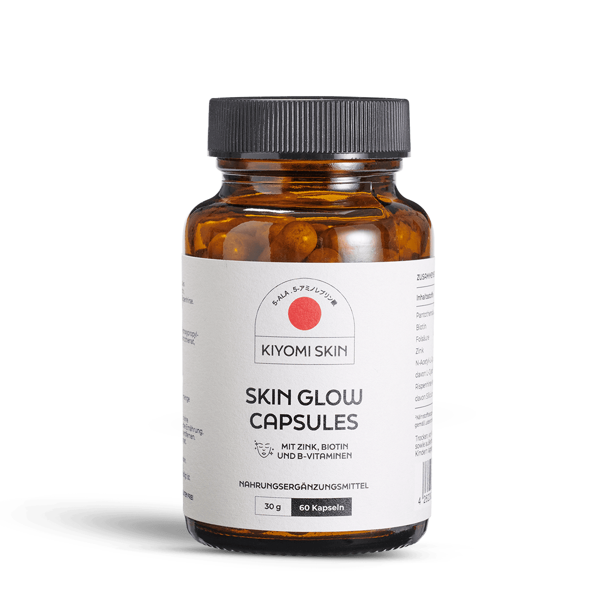 Brown bottle labeled Kiyomi Skin Longevity Ritual Capsules with black lid on white background, perfect for enhancing your Hautpflege routine and supporting your daily Skin Longevity Ritual.
