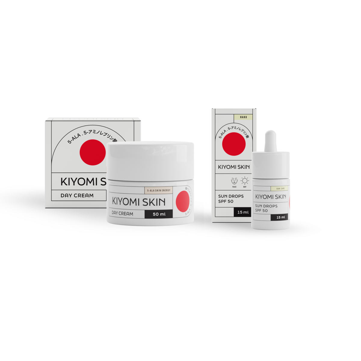 Drei Produkte aus dem „SBI ALApromo Skin Protection Duo“-Sortiment mit weißer Verpackung, roten Kreisen und schwarzer Beschriftung – jedes davon wird zusammen mit seiner Verpackung hinter dem jeweiligen Behälter präsentiert. Darunter befindet sich eine Feuchtigkeitscreme, die UV-Schutz mit LSF 50 für optimalen täglichen Schutz bietet.