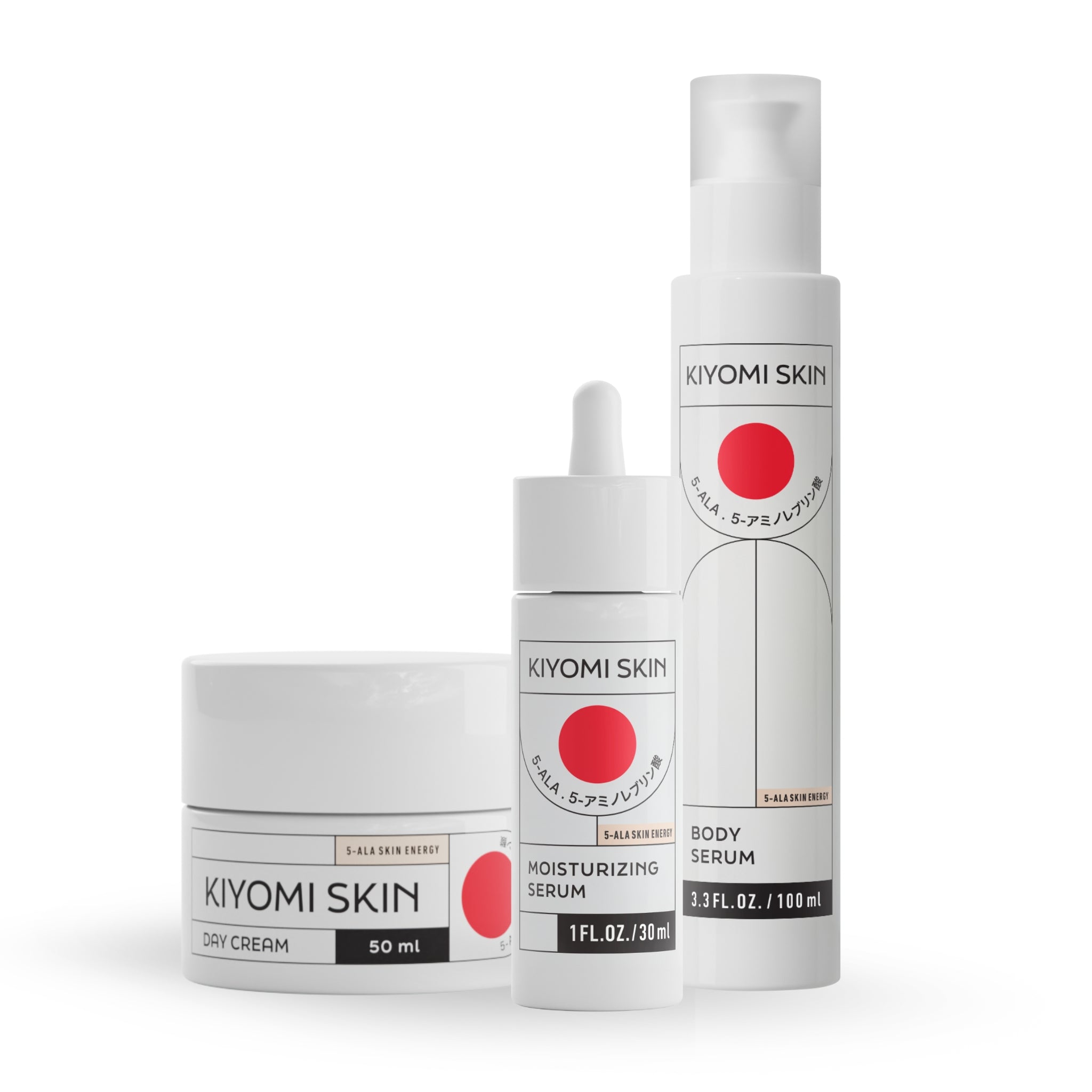 Three KIYOMI SKIN products—the dry cream jar, moisturizing serum dropper with Hyaluronsäure, and body serum pump bottle—provide Feuchtigkeit für Gesicht und Körper. Discover the Ultimate Hydration Trio for all your skin’s needs.