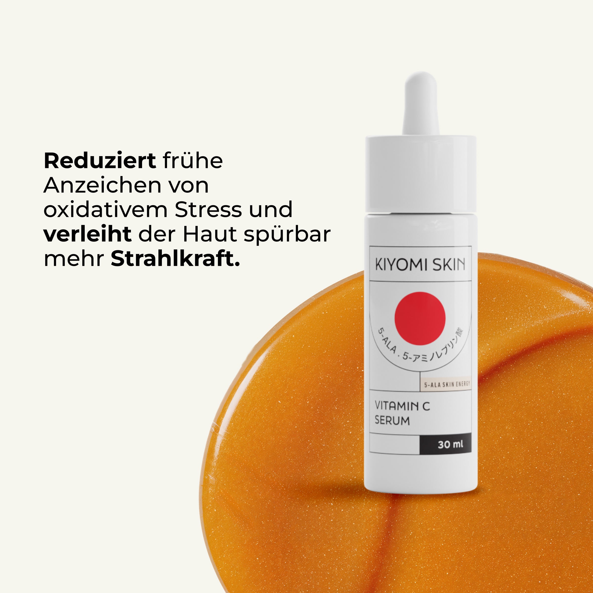 A Serum Trilogy Radiance & Renewal bottle sits on an orange, glossy swirl background with German text, showcasing the vibrant appeal of this advanced Vitamin C and Bakuchiol skincare solution.
