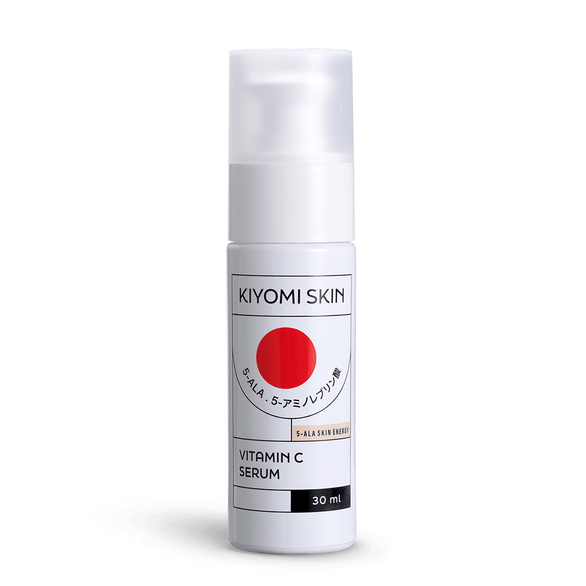 Weiße Flasche mit der Aufschrift „SBI ALApromo Vitamin C Serum 30 ml“, einem roten Kreis und japanischem Text. Dieses hochwirksame Vitamin-C-Serum ist mit Hyaluronsäure angereichert, um Pigmentflecken zu reduzieren und für einen strahlenden, ebenmäßigen Teint zu sorgen.